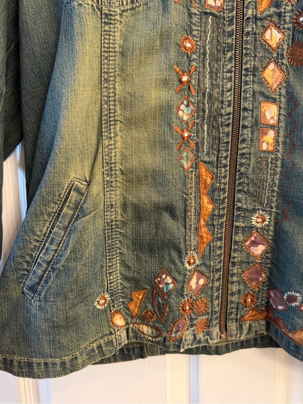 Vintage Chico's Embroidered Southwestern Denim Jacket Zip